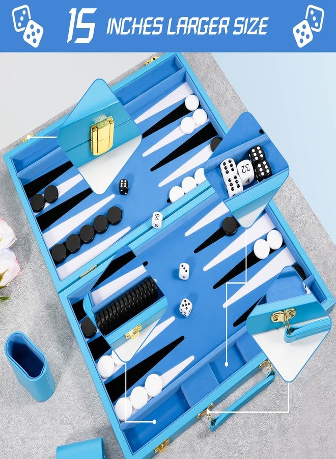 Froggod Travel Backgammon Sets for Adults - 15 Inch Premium Backgammon Set - PU Leather Case with Seamless Flocked Game Surface - Classic Board Games for 2 Player and Gift for Men(Light Blue) - Image 5